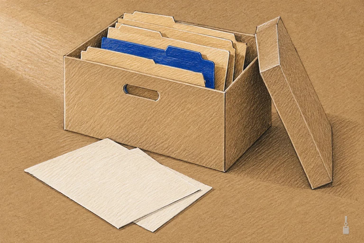 Coloured pencil drawing of a kraft file box of folders, one blue, its lid leaning beside it and loose sheets on the floor