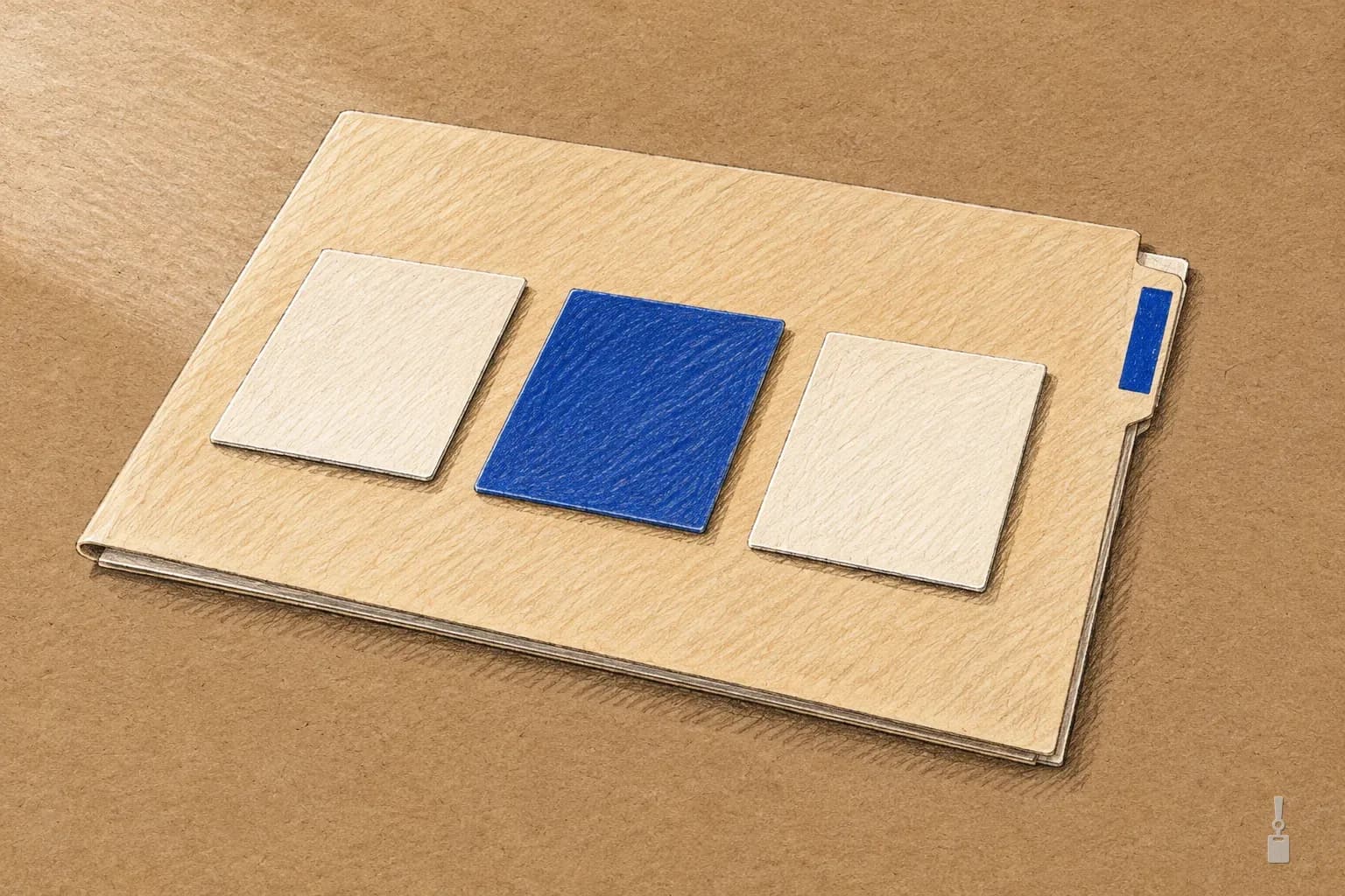 Coloured pencil drawing of three blank index cards in a row on a folder, one blue