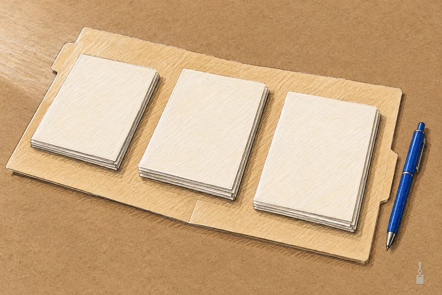 Coloured pencil drawing of an open folder with blank sheets sorted into three piles