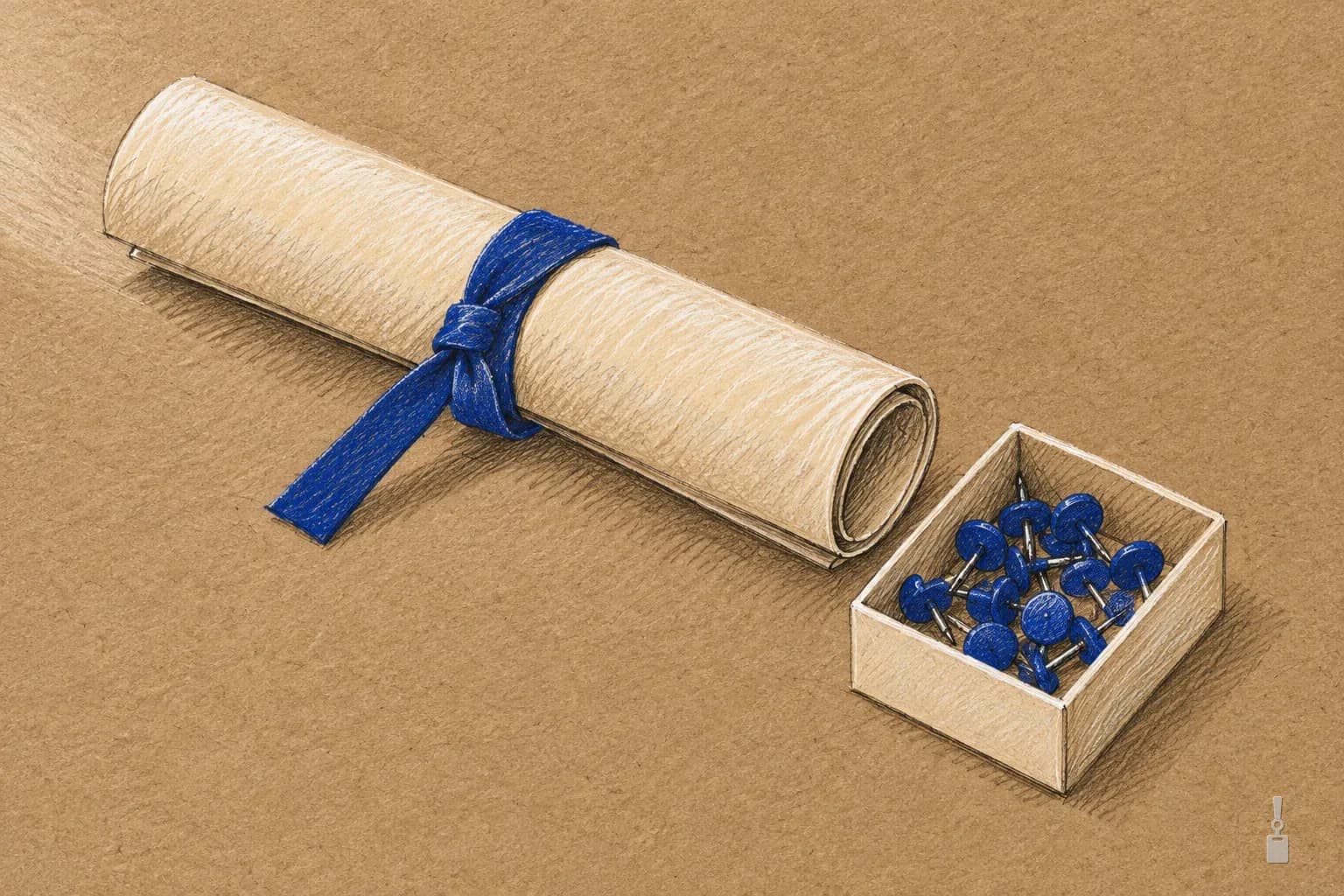 Coloured pencil drawing of a rolled poster tied with a blue band beside a box of pushpins