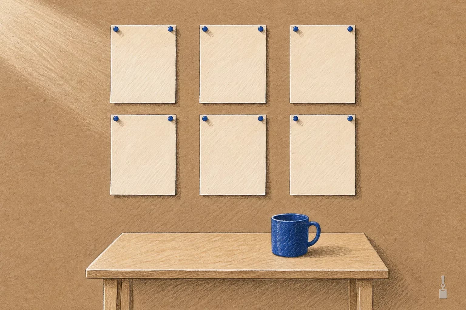 Coloured pencil drawing of a break-room wall with blank posters above a table