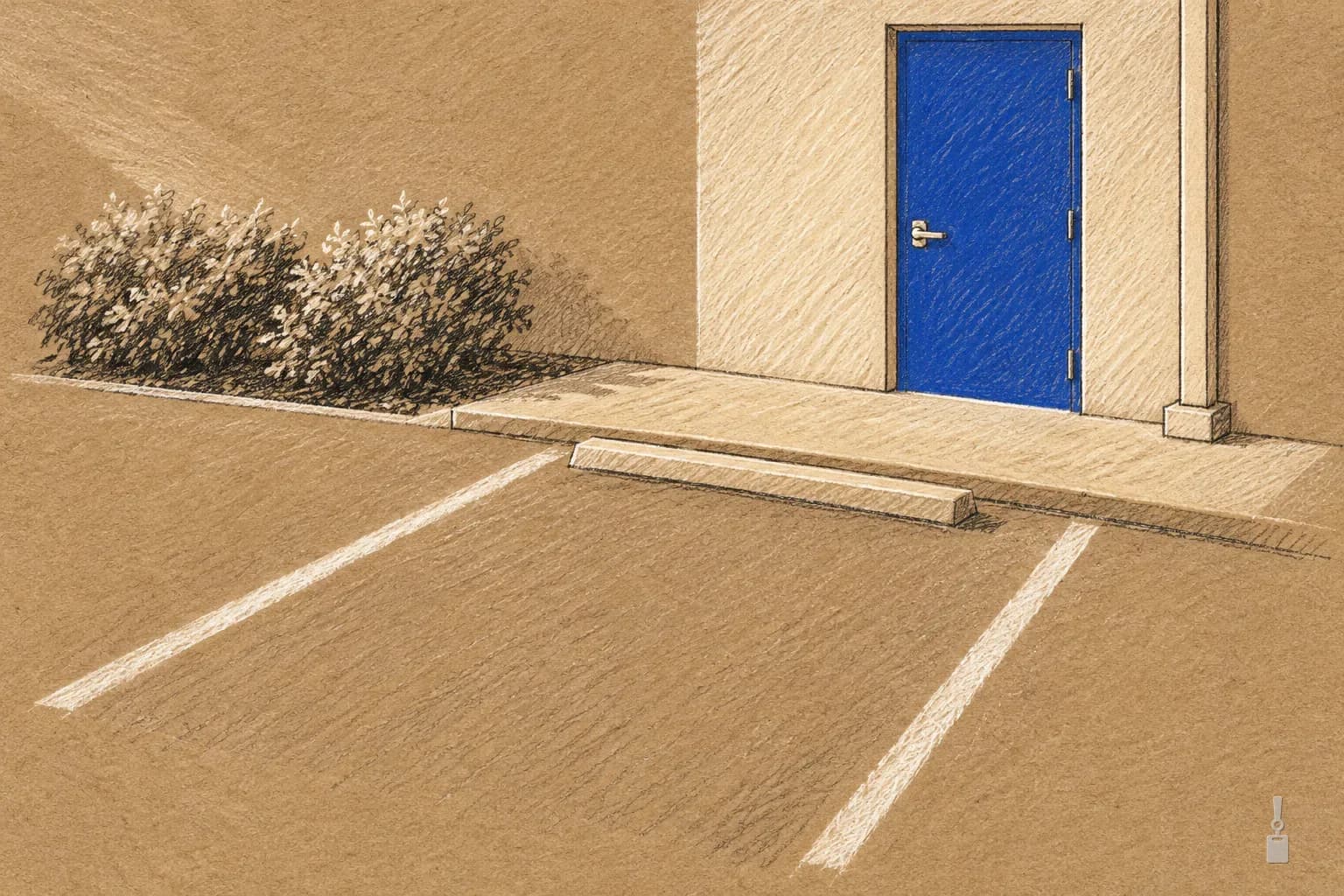 Coloured pencil drawing of an empty parking space beside a blue office side door