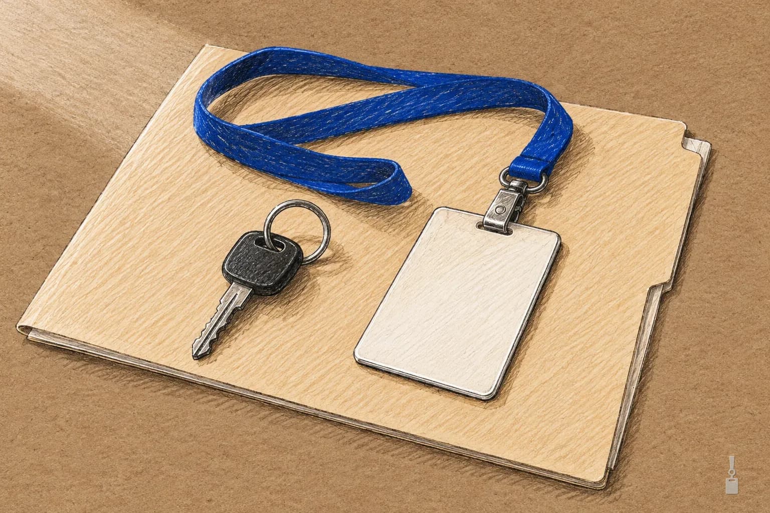 Coloured pencil drawing of a car key on a manila folder beside a blank ID badge on a blue lanyard