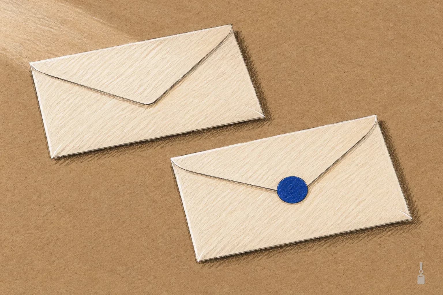 Coloured pencil drawing of two sealed envelopes on a desk, one with a blue seal