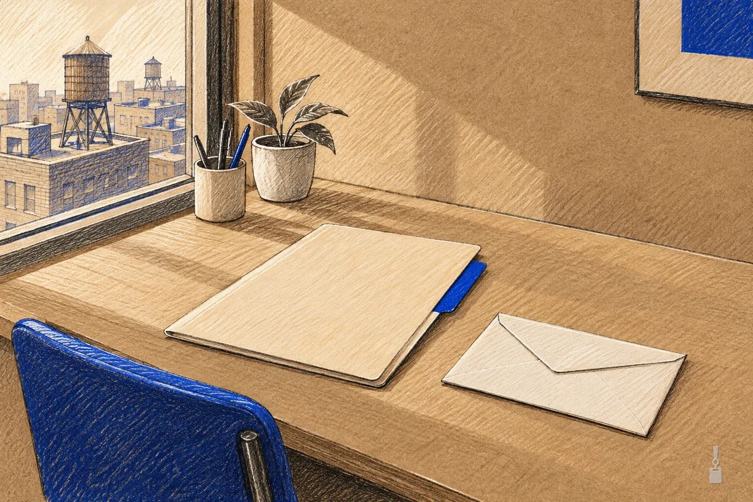 Coloured pencil drawing of a desk by a window overlooking rooftops with water towers