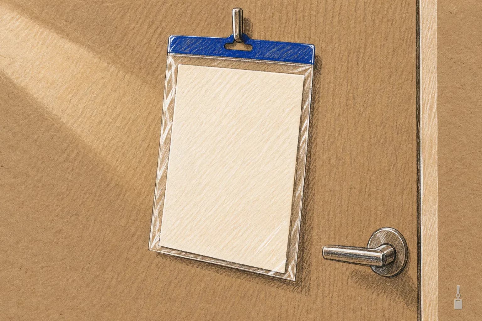Coloured pencil drawing of a blank sheet in a clear sleeve hanging on an office door