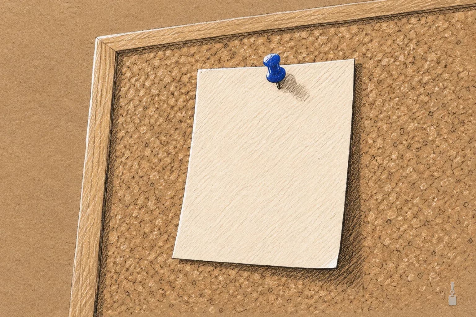 Coloured pencil drawing of a corkboard with one blank sheet pinned by a blue pushpin