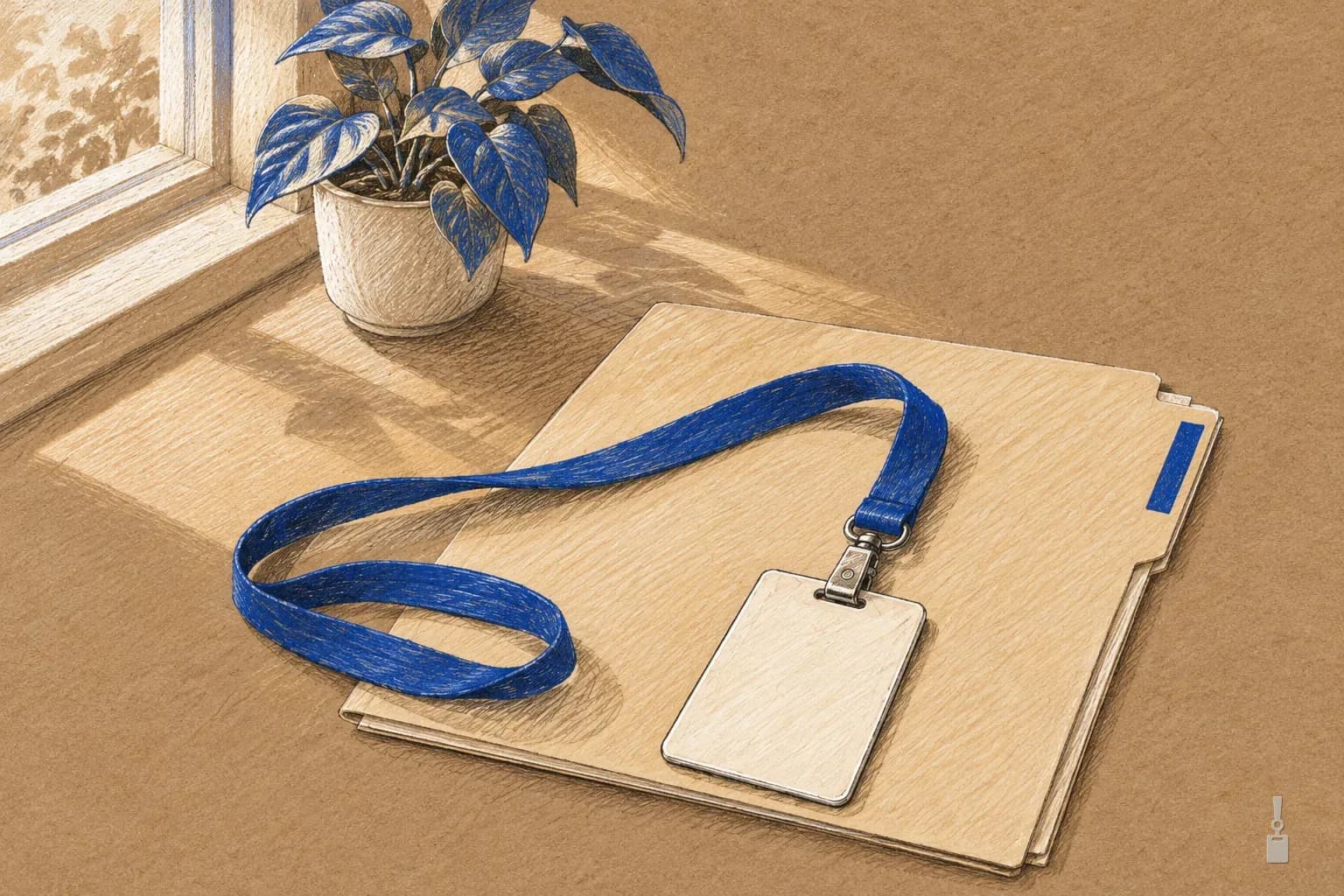 Coloured pencil drawing of a home desk by a window with a folder and a blank ID badge