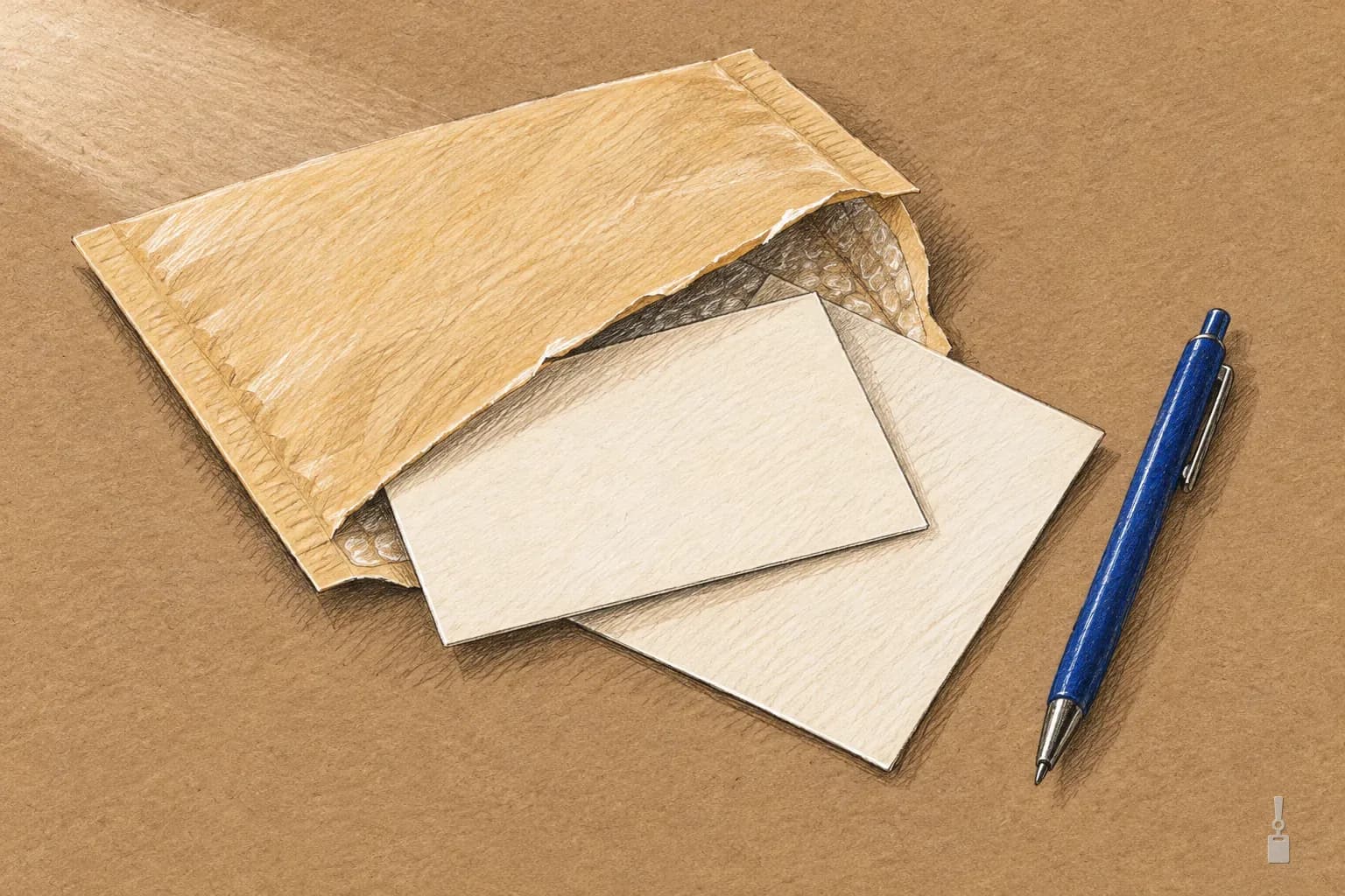 Coloured pencil drawing of an opened padded envelope with a blank card and sheet beside it