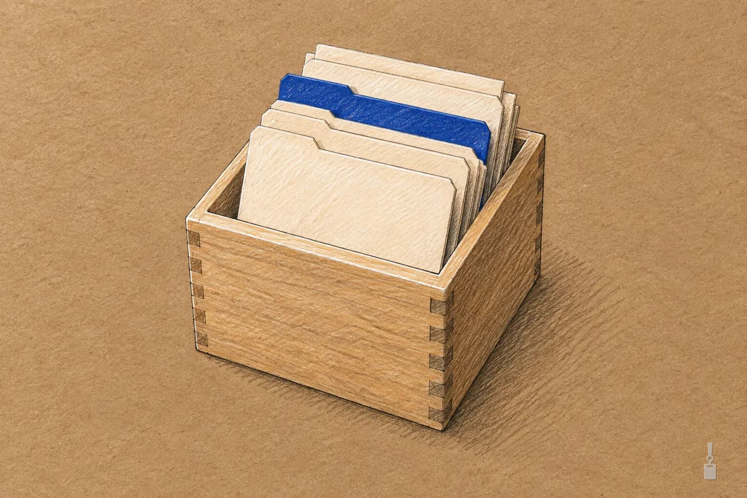 Coloured pencil drawing of a card index box with blank dividers, one blue