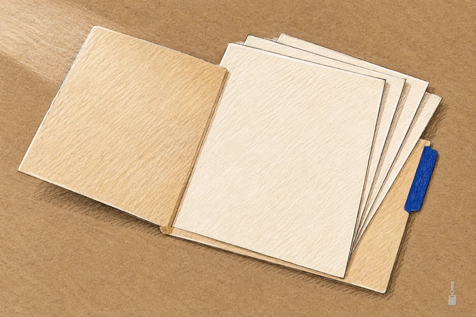 Coloured pencil drawing of an open manila folder with blank sheets fanned out