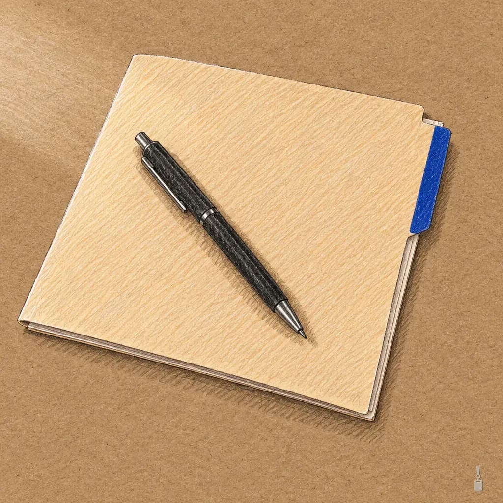 Coloured pencil drawing of a closed manila folder with a blue tab and a pen