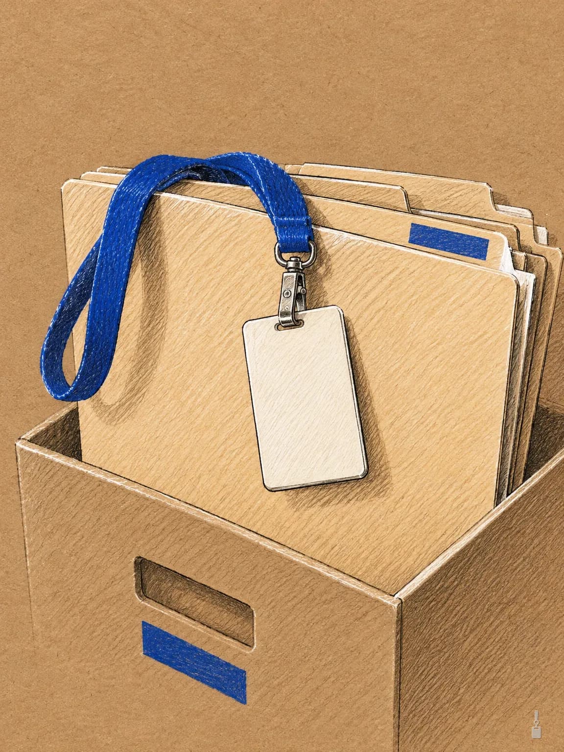 Coloured pencil drawing of a blank ID badge on a blue lanyard hooked on a manila folder in a desk file box