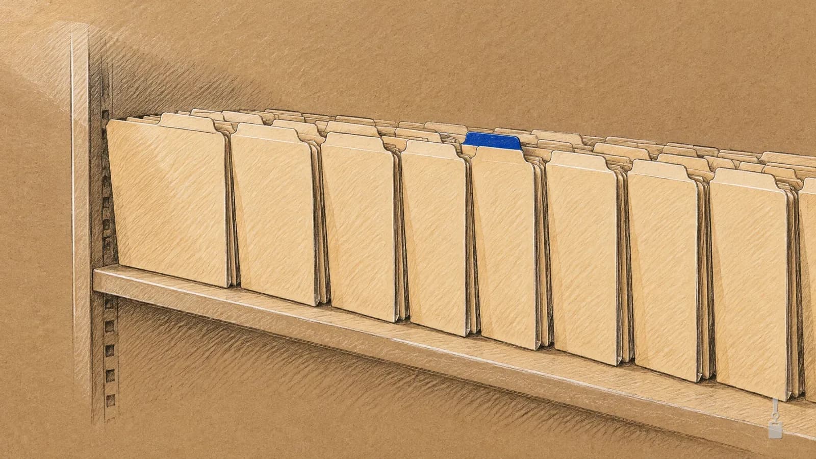 Coloured pencil drawing of a long shelf of manila folders with one blue tab