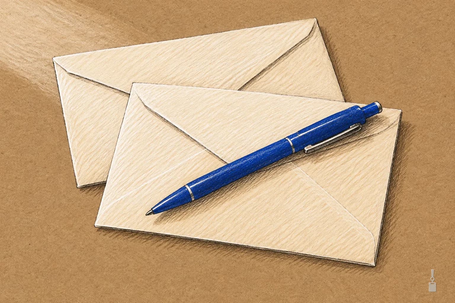 Coloured pencil drawing of two sealed envelopes on a desk with a blue pen