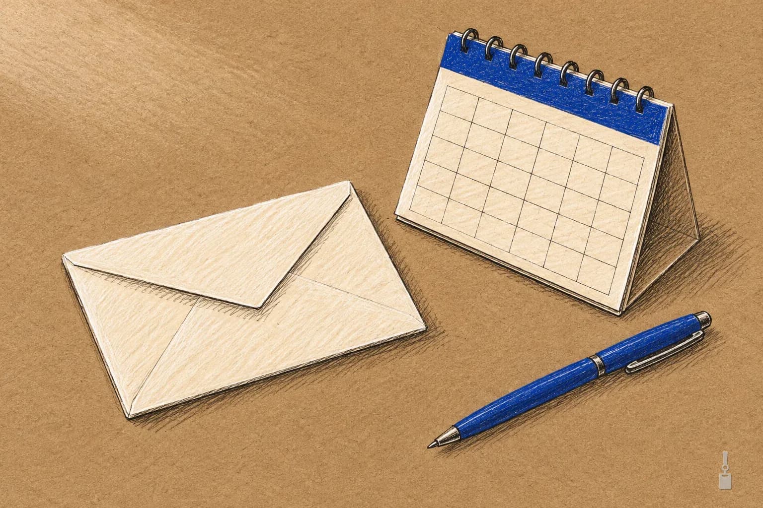 Coloured pencil drawing of a sealed envelope beside a blank wall calendar and a blue pen