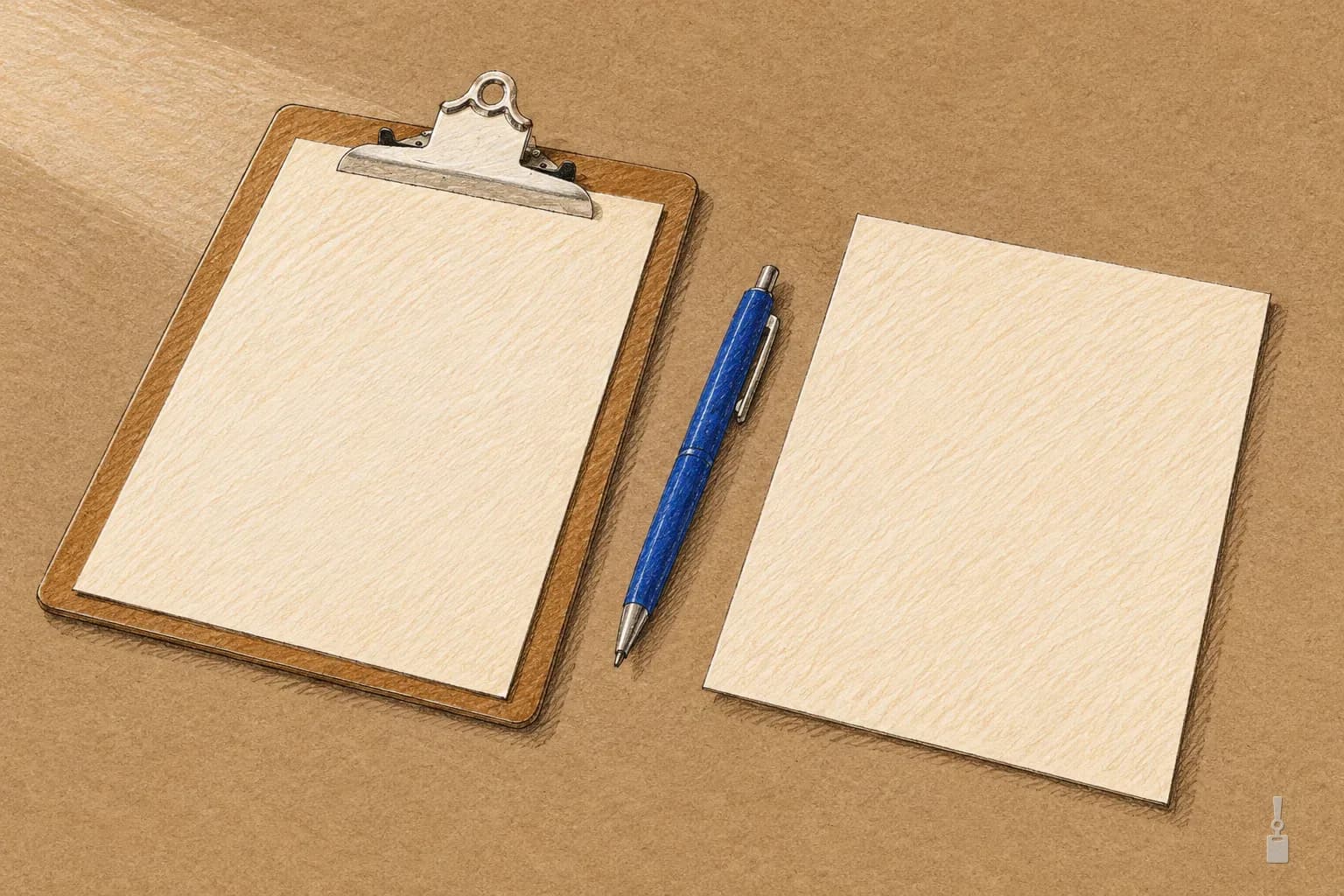 Coloured pencil drawing of a clipboard with a blank sheet and a separate blank sheet beside it