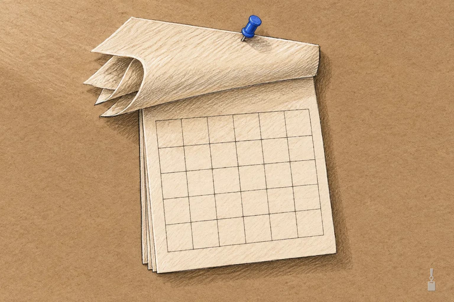Coloured pencil drawing of a blank wall calendar with pages folded back and a blue pushpin