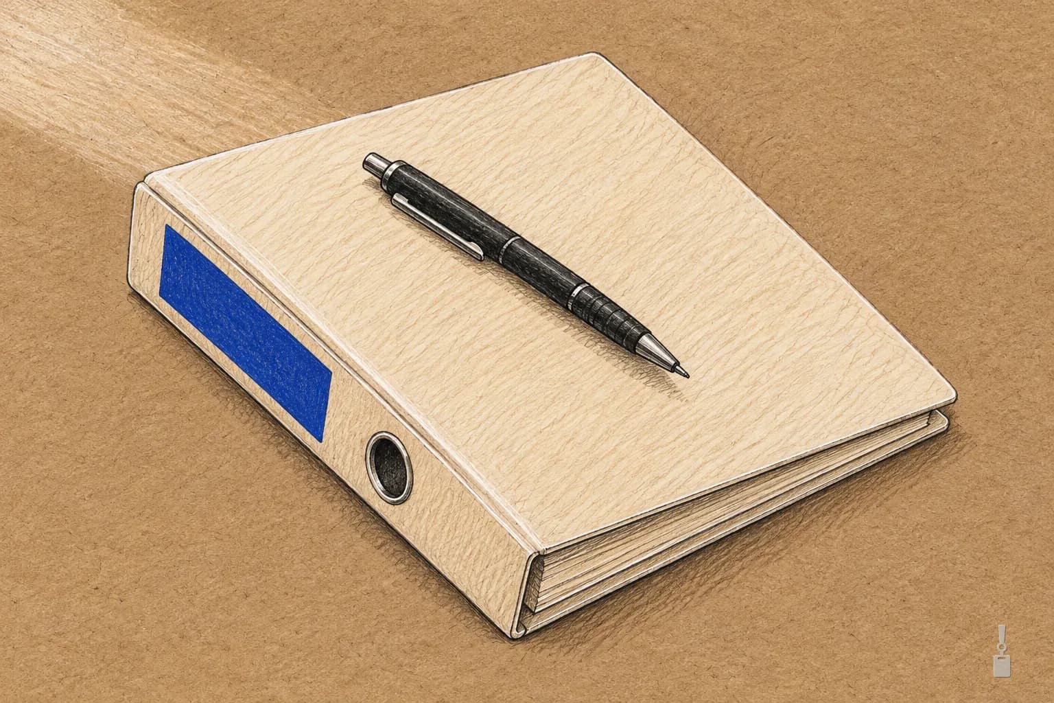 Coloured pencil drawing of a closed ring binder with a blue spine label and a pen