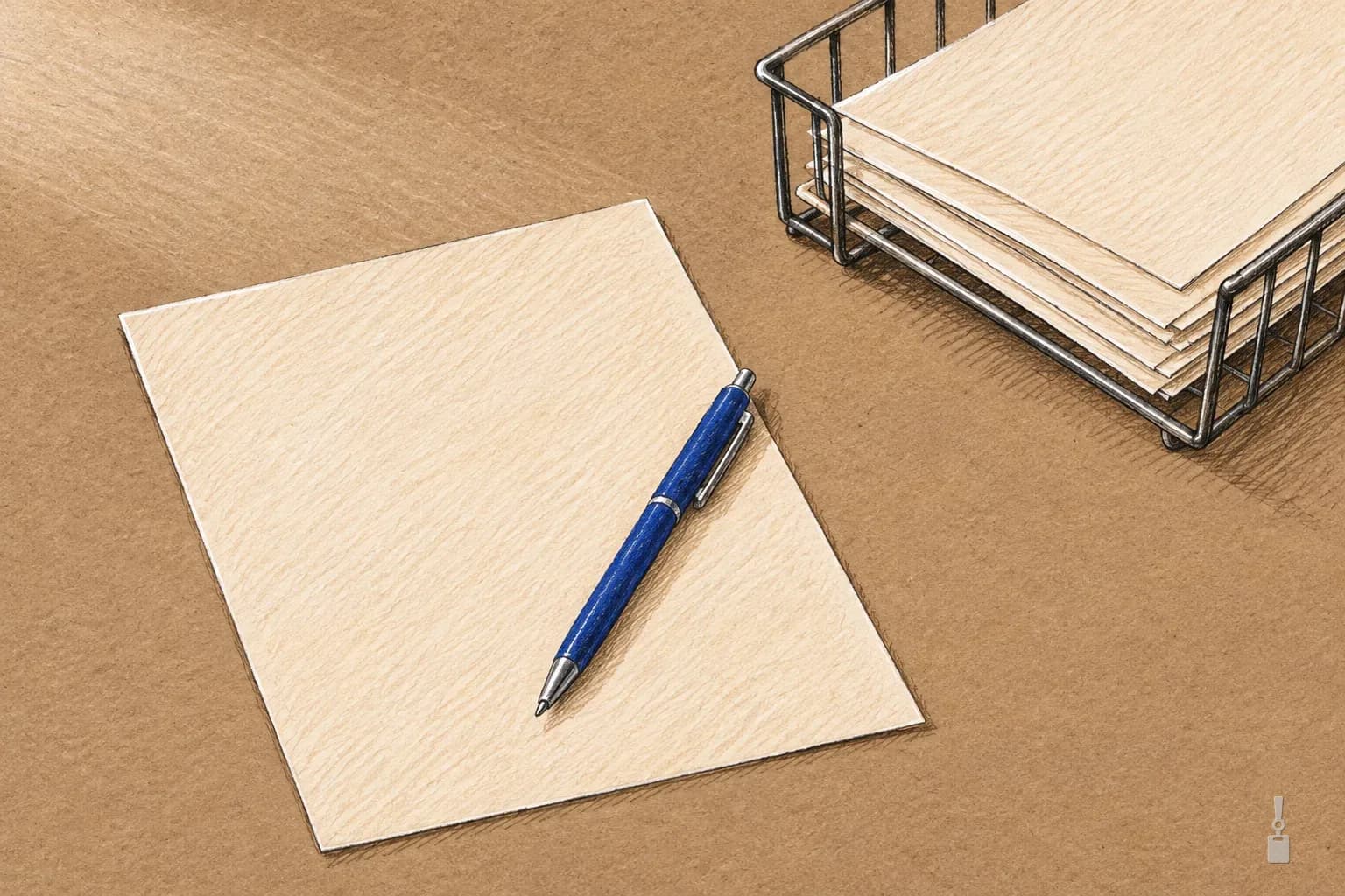 Coloured pencil drawing of a single blank sheet on a desk with other sheets set aside in a tray