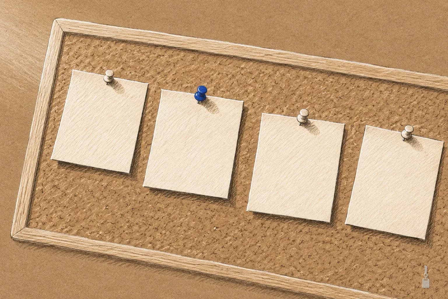 Coloured pencil drawing of a corkboard with blank sheets pinned in a row