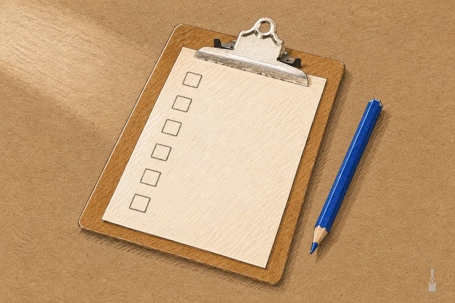 Coloured pencil drawing of a clipboard with a sheet of empty boxes and a blue pencil