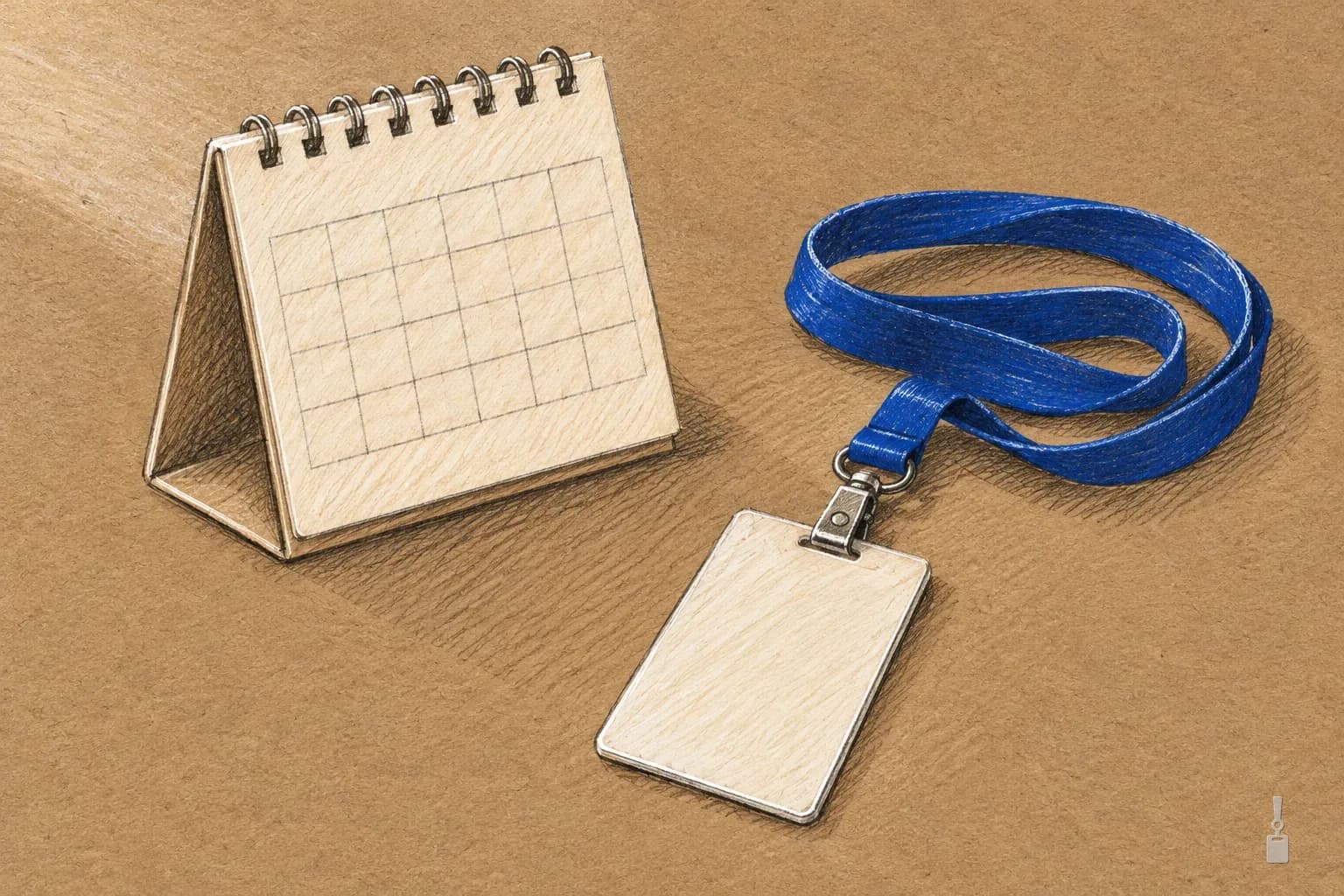 Coloured pencil drawing of a blank desk calendar next to a blank ID badge on a blue lanyard