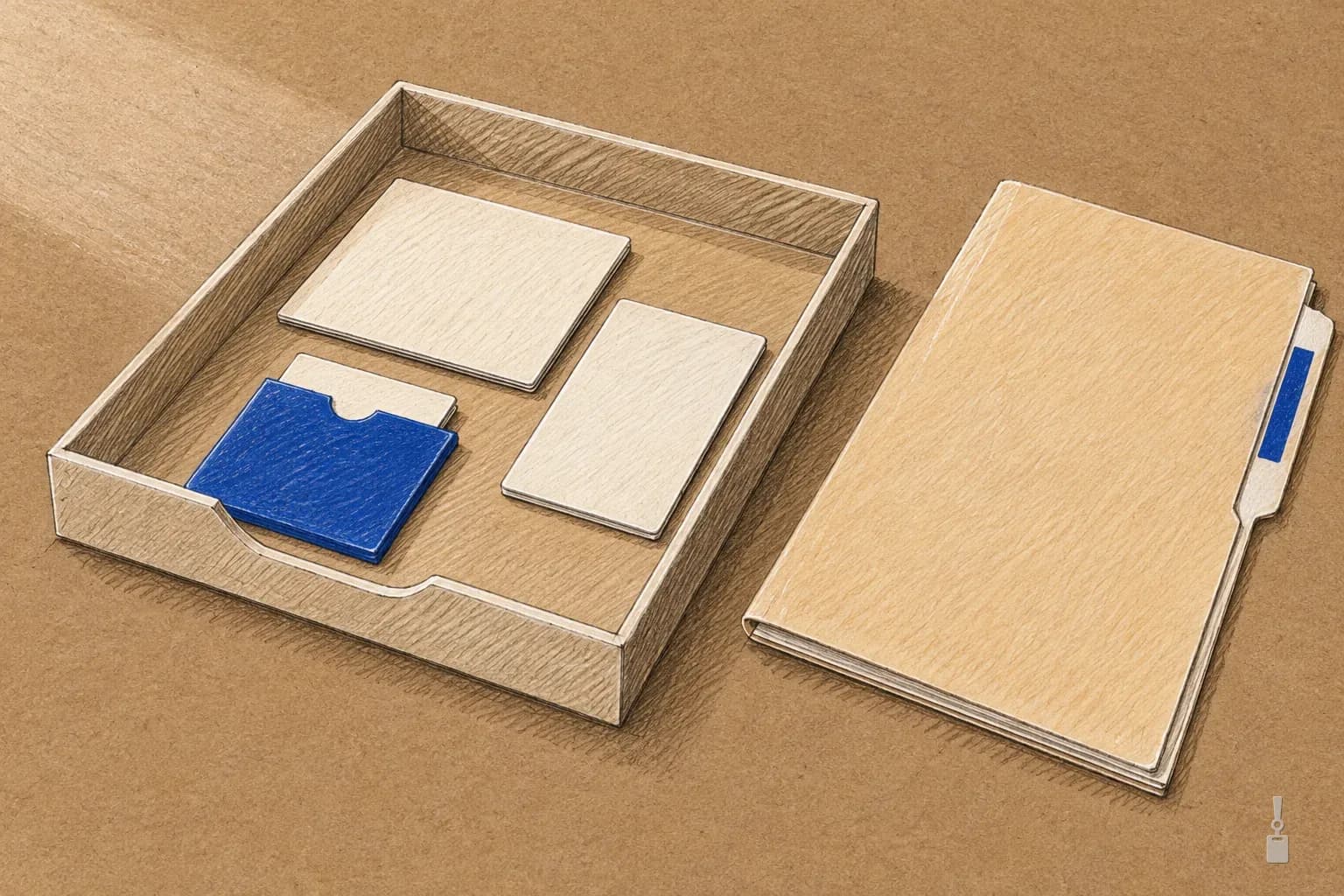 Coloured pencil drawing of three blank cards in a desk tray beside a manila folder, one in a blue sleeve