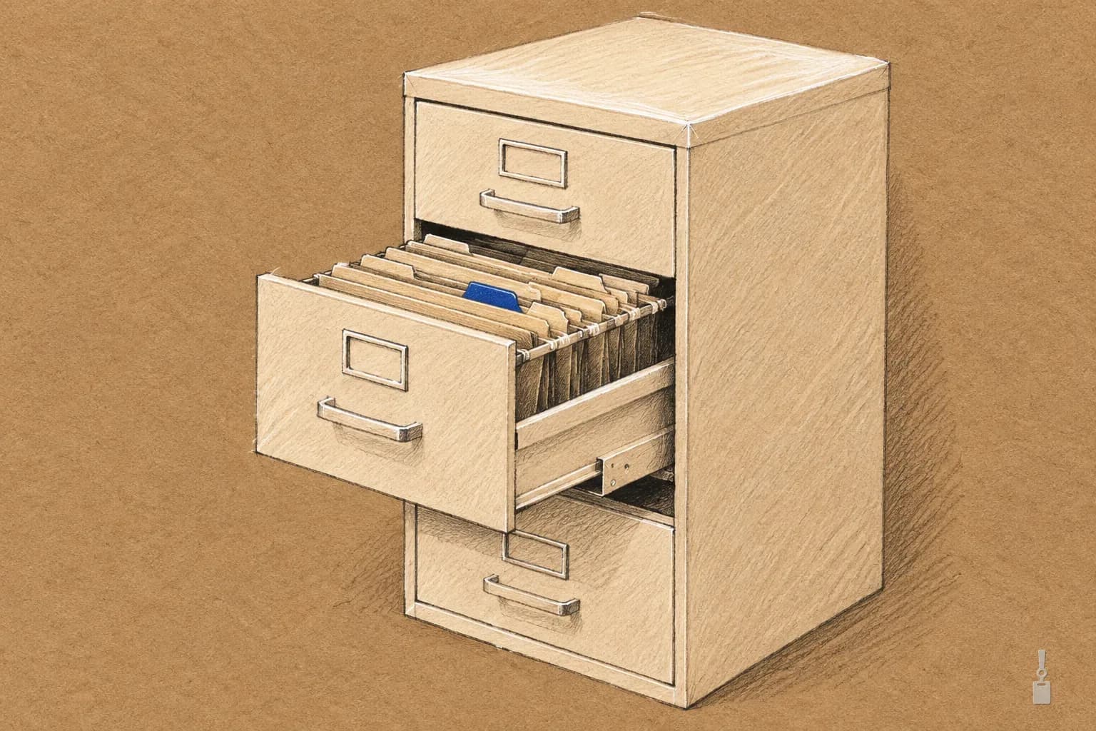 Coloured pencil drawing of a filing cabinet with an open drawer of manila folders and one blue tab