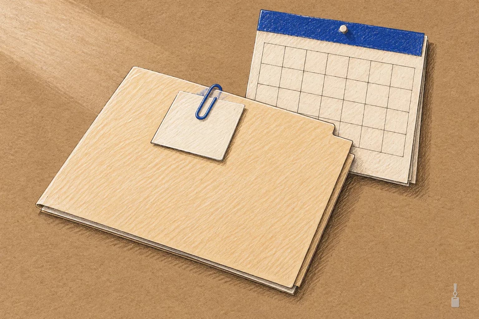 Coloured pencil drawing of a manila folder with a blank card clipped on by a blue paper clip