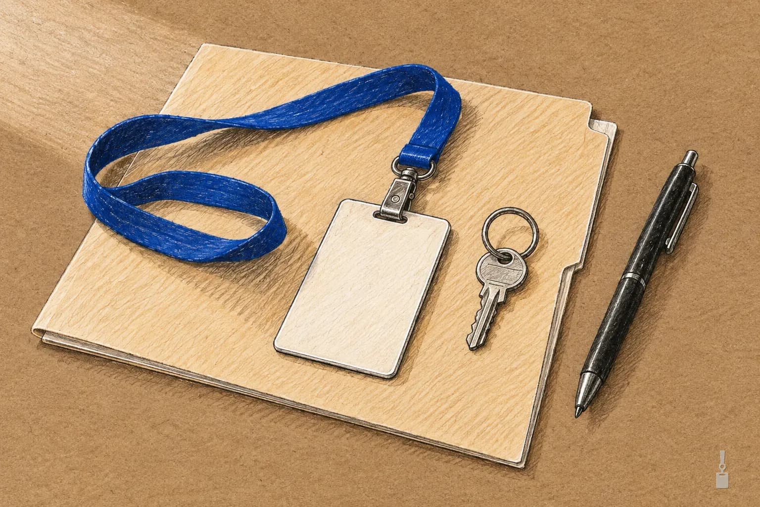 Coloured pencil drawing of a first-day kit with a blank ID badge, a key, a folder and a pen