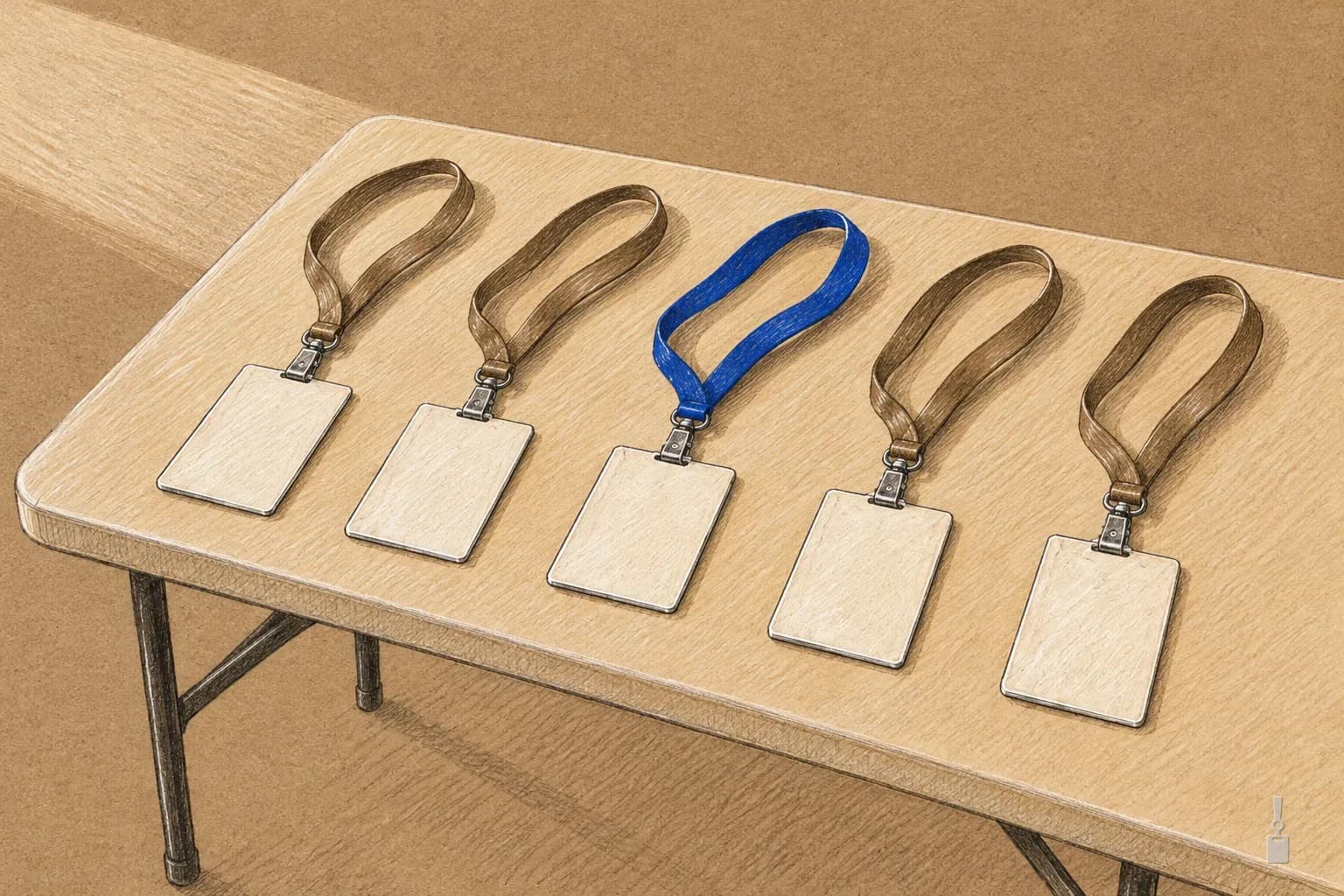 Coloured pencil drawing of blank volunteer badges and lanyards laid out on a folding table